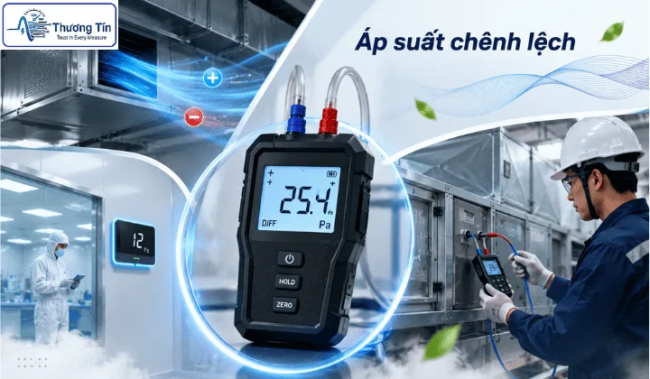Hình minh họa đo chênh lệch áp suất giữa hai điểm trong hệ thống HVAC, phòng sạch và đường ống công nghiệp.