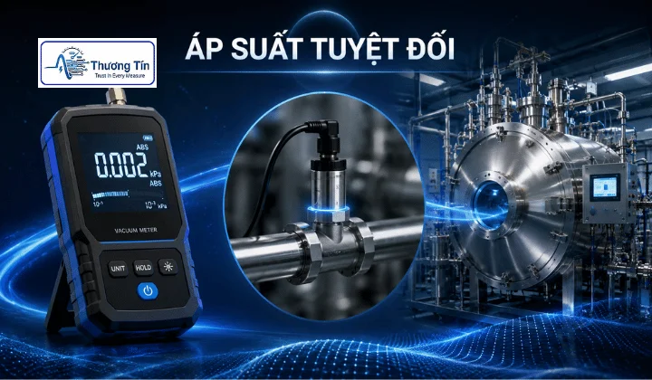 Sơ đồ mô phỏng áp suất tuyệt đối trong hệ thống đường ống và bình chứa công nghiệp, đo từ mốc 0 Pa tuyệt đối.