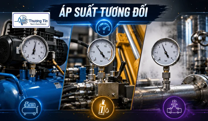 Hình minh họa cách đo áp suất tương đối giữa áp suất bên trong hệ thống và áp suất khí quyển bên ngoài, thường dùng trong đồng hồ áp suất cơ và điện tử.