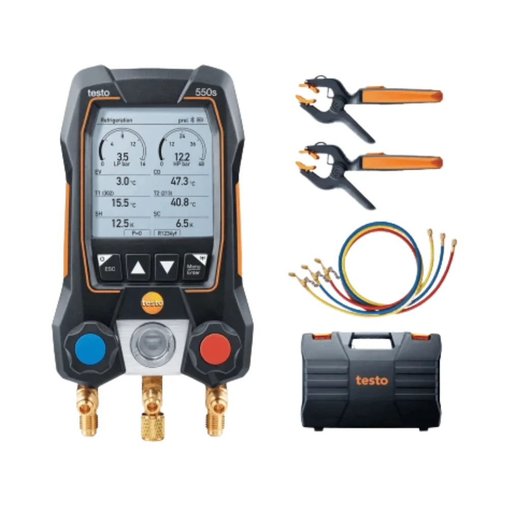 Bộ dụng cụ thông minh Testo 550s với ống dẫn đầy - với đầu dò nhiệt độ kẹp không dây và bộ ống dẫn đầy với 3 ống Bộ dụng cụ thông minh Testo 550s với ống dẫn đầy - với đầu dò nhiệt độ kẹp không dây và bộ ống dẫn đầy với 3 ống
