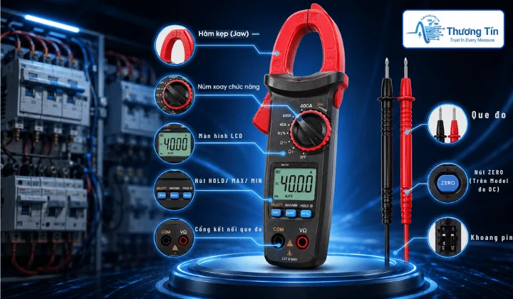 Ampe kìm là gì? Cách sử dụng đo dòng điện đúng cách & an toàn Cấu tạo ampe kìm gồm hàm kẹp từ tính, màn hình LCD, núm xoay chọn chế độ, que đo và các nút chức năng hỗ trợ đo đa thông số