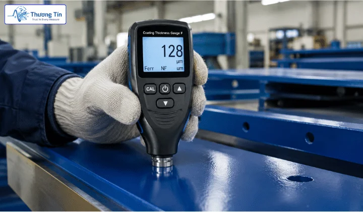Máy đo độ dày lớp phủ từ tính (F) hoạt động theo nguyên lý từ trường, đo lớp phủ phi từ tính trên nền thép và sắt từ