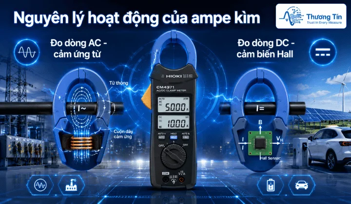 Ampe kìm là gì? Cách sử dụng đo dòng điện đúng cách & an toàn Nguyên lý hoạt động của ampe kìm dựa trên hiện tượng cảm ứng điện từ, hàm kẹp bao quanh dây dẫn để đo dòng điện gián tiếp