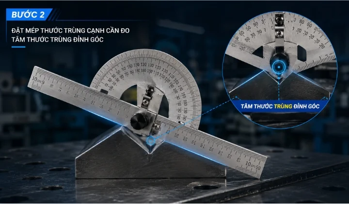 Thước đo góc vạn năng: Nguyên lý, cách đọc số & Ứng dụng Cách đặt thước đo góc vạn năng đúng chuẩn khi đo góc chi tiết cơ khí
