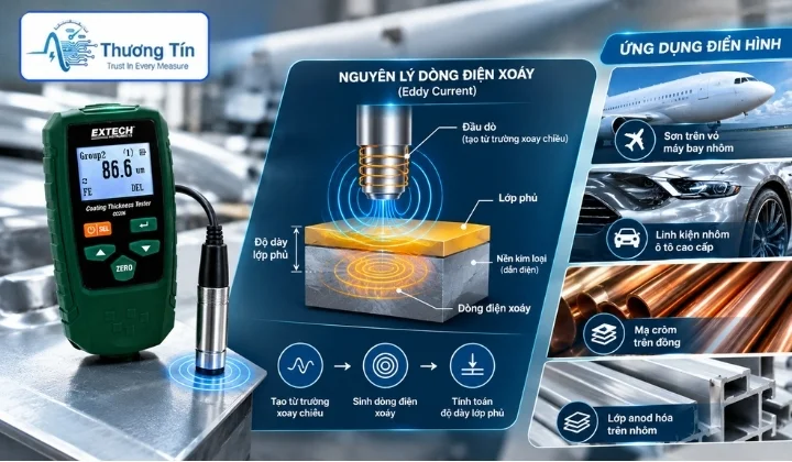 Máy đo độ dày sơn: Ứng dụng ô tô, đóng tàu & cơ khí nặng Nguyên lý dòng điện xoáy Eddy Current trong máy đo độ dày sơn