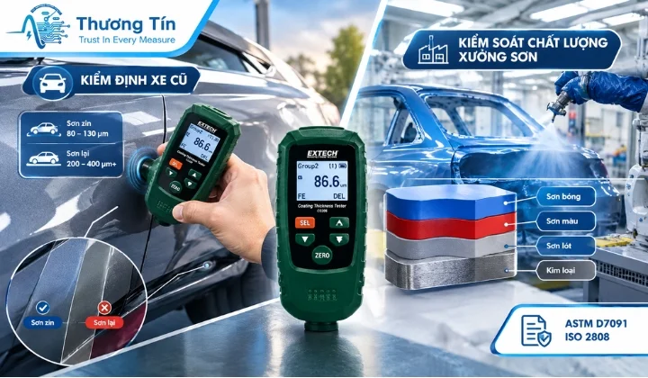 Máy đo độ dày sơn: Ứng dụng ô tô, đóng tàu & cơ khí nặng Ứng dụng máy đo độ dày sơn trong ngành ô tô – kiểm tra lớp phủ xe