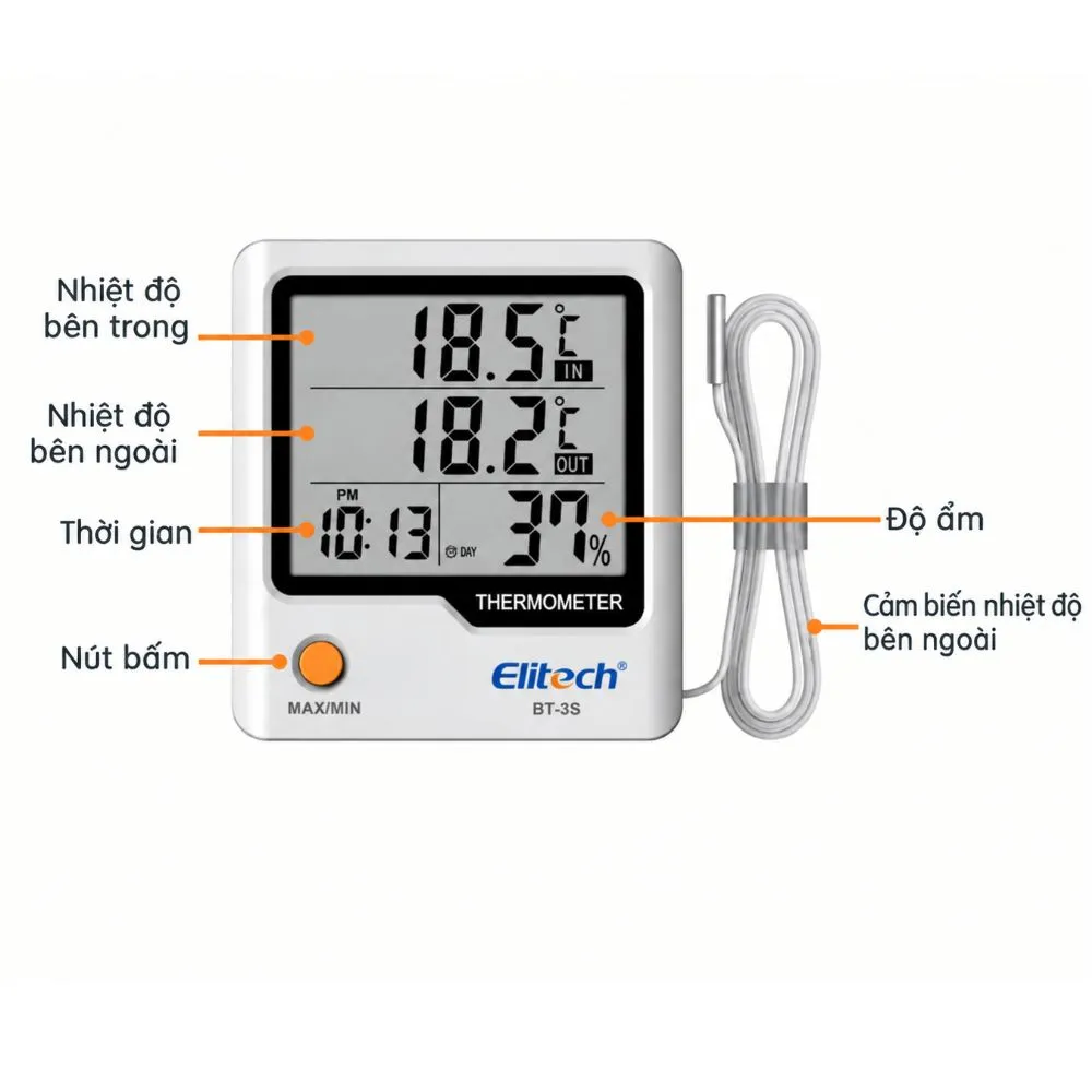 Các nút chức năng mặt trước máy đo nhiệt độ độ ẩm Elitech BT-3S