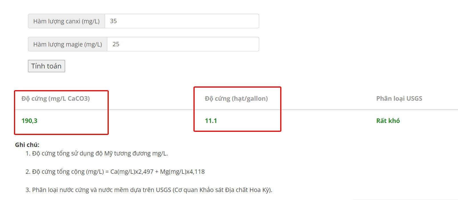 ví dụ về công thức tính độ cứng của nước